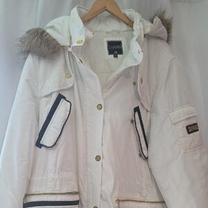 COOGI White Puffer Jacket with Fur-Trimmed Hood